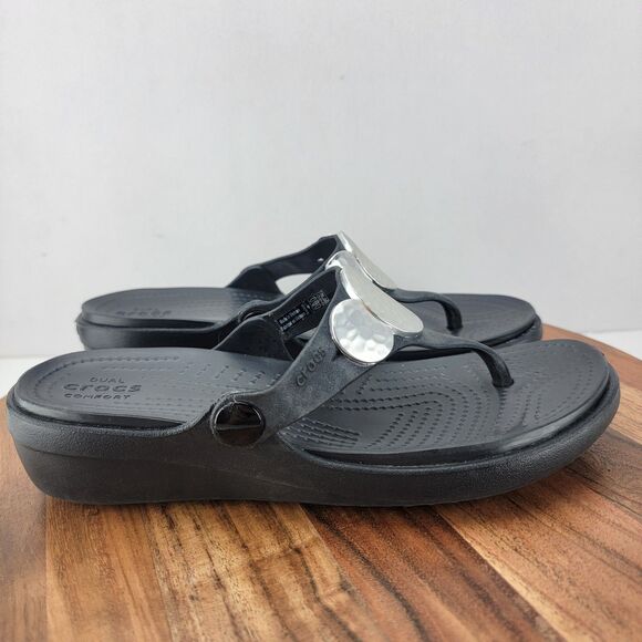 Crocs Womens Size 6 Black Sanrah Embellished Wedge Thong Sandals 204009 - Picture 4 of 9